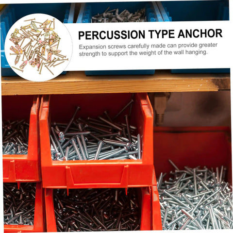 Heavy Duty Metal Self Drilling Expansion Screws Drywall Wall Anchors 50 Piece Rock Solid Mounting Kit displayed in red storage bins.