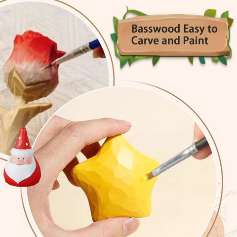 24 Piece Basswood Carving Blocks Kit With 3 Sizes For Whittling And Crafts, showing painted star and Santa figure