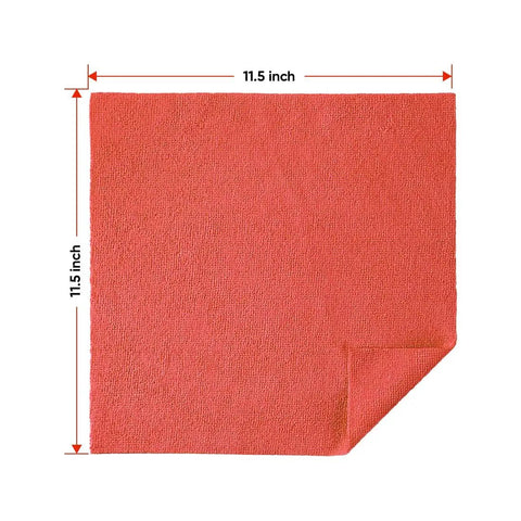 Red Microfiber Towels Bulk Pack 100 Reusable Cleaning Cloths For Cars Home And Kitchen Ultra Absorbent Lint Free And Scratch Free Multipurpose Rags 11.5 By 11.5 Inches shown flat with dimensions