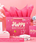 Pink Happy Birthday Gift Bag With Tissue Paper And Greeting Card For Party Medium Size Gift Bags For Men And Women Easy To Carry And Reuse Pink Hot Stamping Design 1 Pack Or 2 Pack Options