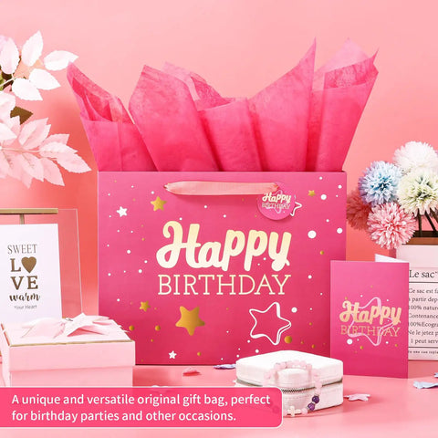 Pink Happy Birthday Gift Bag With Tissue Paper And Greeting Card For Party Medium Size Gift Bags For Men And Women Easy To Carry And Reuse Pink Hot Stamping Design 1 Pack Or 2 Pack Options