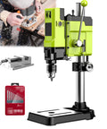 Powerful 880W Bench Drill Press With Adjustable Speed And Integrated Vise, featuring drill bit set and stable base.