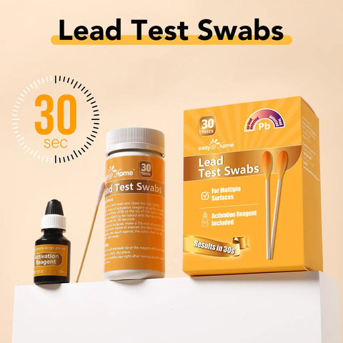 Lead Test Kit With Vinegar For Home Surfaces, 30 Rapid Swabs pictured with reagent and packaging