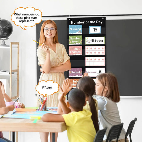 Teacher using Hands On Number Of The Day Pocket Chart Set With 66 Erasable Math Cards And Pen Boho Style Classroom Decor