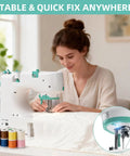 Mini Electric Sewing Machine With Extension Table And 56 Accessory Pieces, 12 Built In Stitches For Beginners in use on a table.