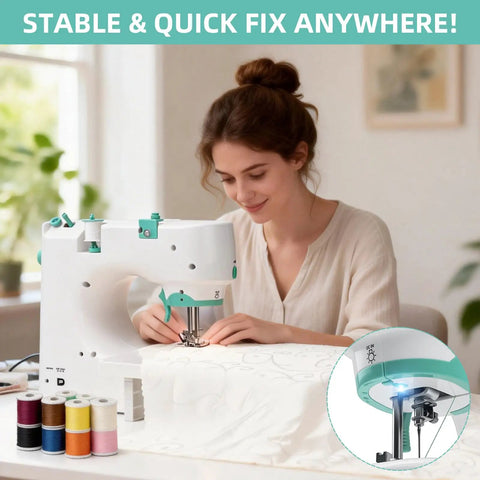 Mini Electric Sewing Machine With Extension Table And 56 Accessory Pieces, 12 Built In Stitches For Beginners in use on a table.