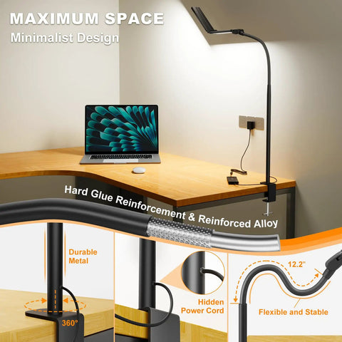 Ultra Wide 31.5 Inch Desk Lamp With Clamp 24W 1800LM Auto Dimming Five Color Modes Timer Tall Architect Desk Light for home office use