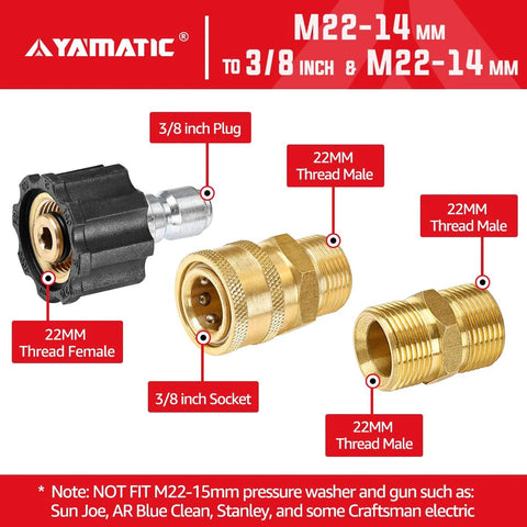 YAMATIC pressure washer adapter set with M22 to 3/8 in quick-connect brass fittings (3 shown)