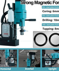 Zinnore 1800w Magnetic Drill Press With Heavy Duty Base And Powerful Torque For Portable Metal Working Tasks featuring magnetic force and specs displayed.