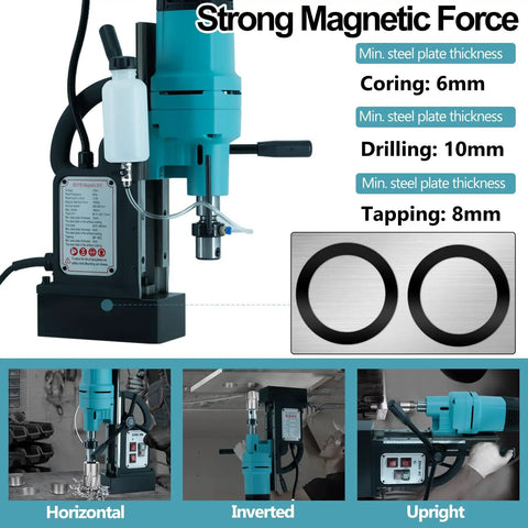 Zinnore 1800w Magnetic Drill Press With Heavy Duty Base And Powerful Torque For Portable Metal Working Tasks featuring magnetic force and specs displayed.