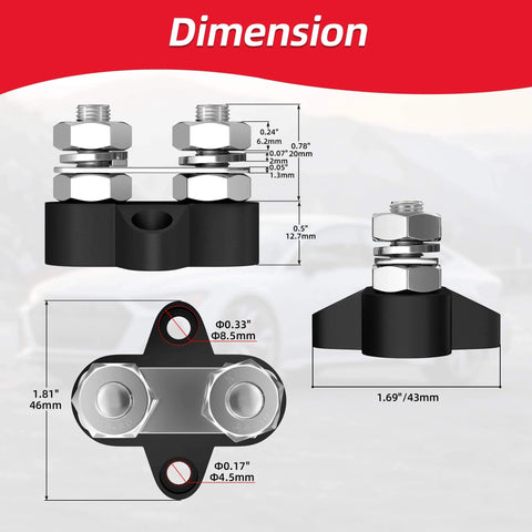 Dimensions of Beefed Up 12V 200A Power Distribution Block With Dual Five Sixteenth Inch M8 Studs Red Positive And Black Ground