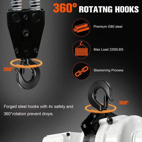 Beefy Electric Chain Hoist 2200 Lb Lift, 110V Single Phase Overhead Crane with 360 degree rotatable hooks and G80 steel chain.