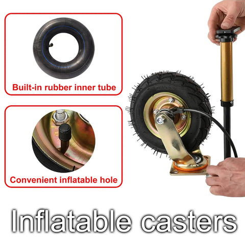 Heavy Duty Outdoor Caster Wheels Pair With 360 Swivel And Fixed Rolling Modes Featuring Durable Rubber Tires And Steel Mounts Running Smooth Like Butter For Daily Hauls, showing inflatable casters with rubber inner tube.