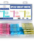 LordandLand 50-piece heat shrink butt connector kit with pink, blue, and yellow insulated terminals in a clear plastic case