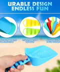 Close-up of a blue shovel from 12 Pack Beach Sand Shovels Set, 8 Inch Heavy Duty Plastic Digging Tools In 6 Bright Colors.