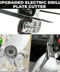 Close-up of Pro Grade Drill Nibbler Attachment for sheet metal cutting, featuring coated blade and universal adapter for electric drills.