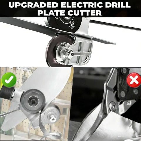 Close-up of Pro Grade Drill Nibbler Attachment for sheet metal cutting, featuring coated blade and universal adapter for electric drills.