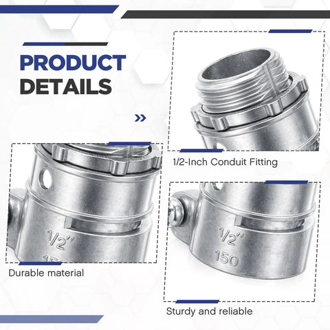 Close-up of 1/2-Inch Squeeze Connector showing durable zinc alloy finish for FMC and EMT conduit wiring.