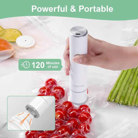 Compact Food Vacuum Sealer With 60kPa Power, Rechargeable Handheld Kitchen Saver in use sealing tomatoes and asparagus.