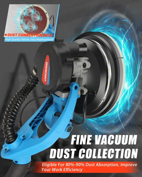 800W Drywall Sander With Foldable Design, showing fine vacuum dust collection feature and six speed settings.