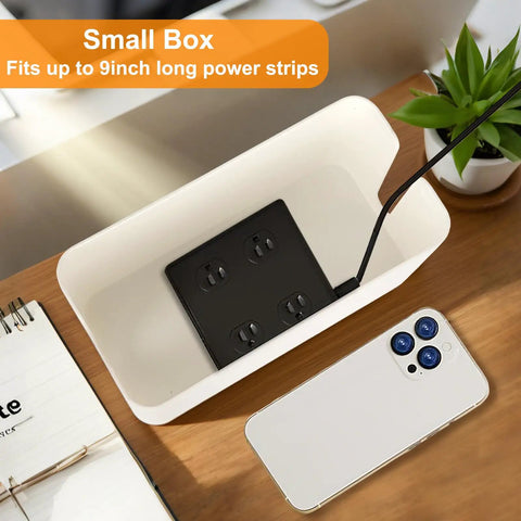 Mini Cable Management Box For Home Theater Office Or Dorm Hide Those Cables Fast With A Simple Wrap Wire Concealer Cord Cover And Organizer Keeps Your Space Clean Safe And Playable In White, showcasing interior power strip view.