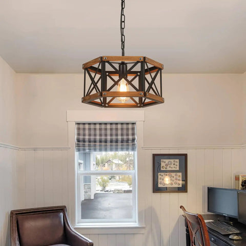 Kickass 14 Inch Black Farmhouse Pendant Light With Plug In Dimmable Switch And Adjustable Woven Cord For Kitchen Island Or Dining Room Heavy Oak Wood And Metal Cage Fixture Giving Major Rustic Vibes That Goes Hard On Sloped Ceilings hanging in a room with a warm glow.