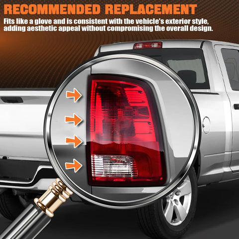 Rear view of Dodge Ram showcasing Tail Lights for Dodge Ram 1500 2500 3500 2009 2010 2011 2012 2013 2014 2015 2016 2017 2018 Left Driver and Right Passenger Rear Brake Back Up Lens Assembly with Lamps Included Direct Fit Plug and Play