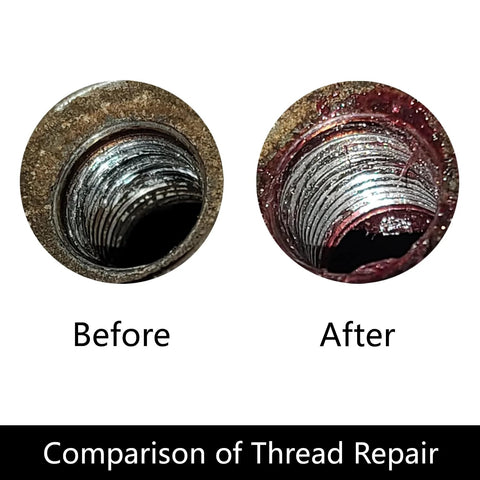 M14x1.25 thread repair tool close-up; spark plug thread bore before and after repair