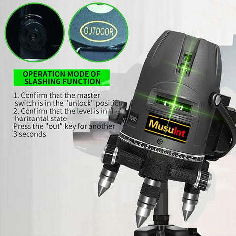 Image of Five Line Laser Level with 360 self leveling showing base, instructions, and green beam for DIYers and construction use.