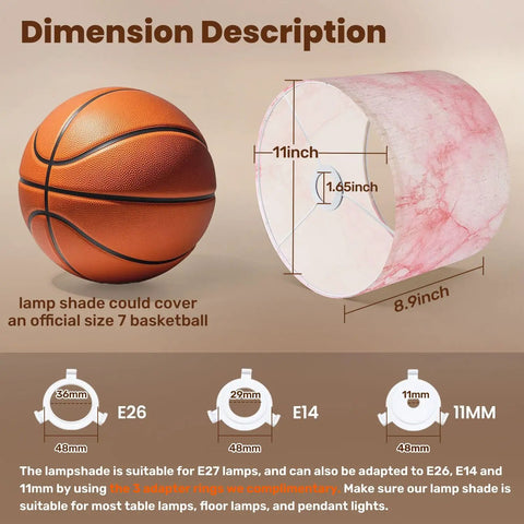 Dimension details of Marble Granite White Drum Lamp Shade With Pink Graphic Abstract Pattern For Table And Floor Lamps Replacement Fabric Lampshade Fits E26 E27 E14 And 11mm Bases Easy Install Cool Modern Home Decor Vibe, showing size comparison with basketball
