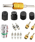 16 Piece Air Conditioning Valve Core Kit With R12 R134a Sealing Covers For A C Refrigeration System Repair High And Low Pressure Valve Core Disassembly Tool Universal Car Fit Durable Black, showing full kit layout on white background.