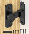 90 Degree Barn Door Lock With Flip Latch, Right Angle Sliding Door Lock For Cabinets, Bathrooms, Barns, Sheds And Windows, Aluminum Alloy Build, Rust Resistant, Privacy And Security Hardware, Black 1 Pack mounted on wood