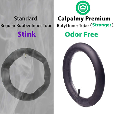 2 Plus 1 Stroller Inner Tube Replacement Set For Bob Stroller Back 16 Inch And Front 12 And A Half Inch Tubes BPA Latex Free Premium Butyl Rubber Easy Install For Revolution SE Pro Flex SU Ironman, comparison of standard rubber and Calpalmy premium odor-free butyl inner tubes.