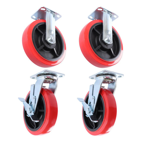 Ironclad 8 Inch Heavy Duty Industrial Caster Wheels With Durable Polyurethane Treads And Reinforced Galvanized Steel Brackets 4 Pack, showcasing red polyurethane wheels with steel brackets.