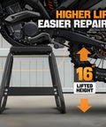 Heavy Duty Detachable Anti Slip Dirt Bike Stand Jack For Universal Motorcycle Maintenance Elevates Dirt Bikes Up To 1000 Lbs To 15.7 Inches High Black Durable Steel Construction lifting a motorcycle