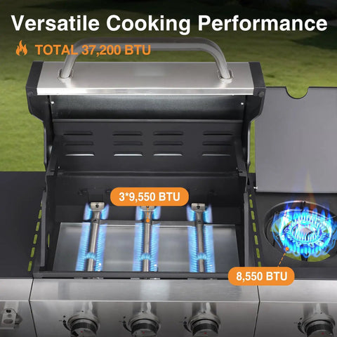 Three Burner Propane Gas Grill With Side Burner And Cabinet Storage, 39,000 BTU Backyard BBQ Grill With Porcelain Enamel Cast Iron Grates For Perfect Sear Marks And Even Heat, showing internal burners and side burner