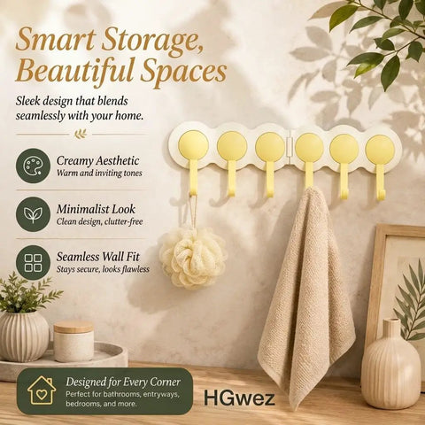 Super Slick Punch Free Wall Hook Rack With 180 Degree Swivel Design And Six Sturdy Hooks For Dead Simple Corner Storage That Rotates Smooth As Butter Without Drilling mounted on a wall, showcasing yellow hooks and towel.