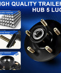 Front view of ikkwmei 3500lb trailer hub assembly, black steel, 5-lug, 4.5in bolt pattern