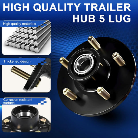 Front view of ikkwmei 3500lb trailer hub assembly, black steel, 5-lug, 4.5in bolt pattern