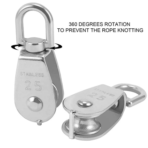 Heavy Duty 304 Stainless Steel Single Pulley Block With Rotatable 360 Degree Roller And Rings, Smooth Rust Resistant Rope Lifting Pulley System Built For Tough Jobs And Heavy Loads, 25mm