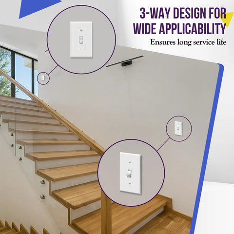 Toggle Light Switch 3 Way Or Single Pole 15A 120 277V UL Listed Residential Grade White 5 Pack installed on staircase wall