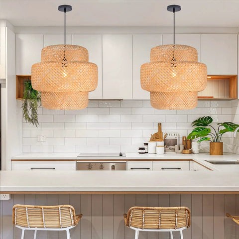 Bamboo Pendant Light For Kitchen Island And Living Room, Handwoven Rattan Chandelier Shade, over a modern kitchen setup