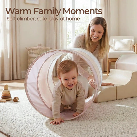 Tot Certified Soft Foam Climbing Blocks And Crawl Tunnel Playset For Kiddos Featuring Safe Pu Leather Cover Smooth Finish And Arch Design For Indoor Outdoor Motor Skills And Hassle Free Playtime Adventures. Young child crawling through soft tunnel with parent nearby.