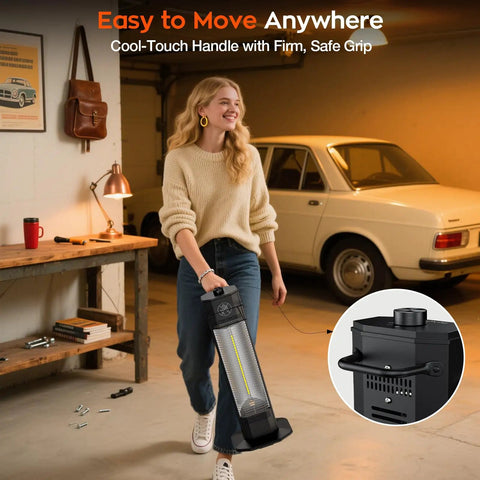 Woman moving Infrared Tower Patio Heater 1200W With Instant Heat And Sun Like Cozy Warmth, IPX5 Waterproof, 27 Inch Space Heater