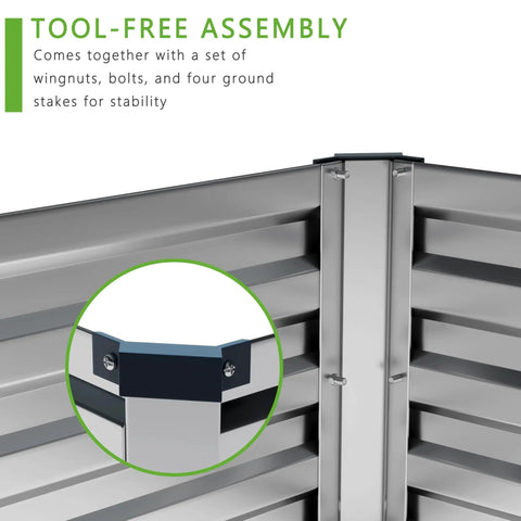 Close-up of 2 Pack Galvanized Raised Garden Bed Kit 12 By 4 By 1 Feet Outdoor Planter tool-free assembly with bolts and stakes.