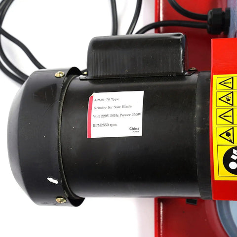 Heavy Duty Saw Blade Sharpener With Blazing Diamond Grinding Wheel features a 250W motor running at 2850 RPM for efficient sharpening.