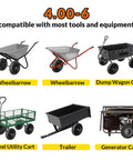 Various garden carts and utility equipment compatible with 4.00-6 flat free tire and wheel set, including wheelbarrows and trailers.