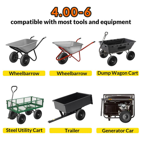Various garden carts and utility equipment compatible with 4.00-6 flat free tire and wheel set, including wheelbarrows and trailers.
