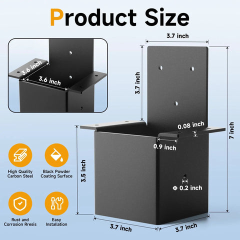 Heavy Duty 4x4 Pergola Bracket Set for Wood Posts, 14 Gauge Post Top and Rafter Brackets, Wall Mount Kit With Screws, Black Powder Coated, Deck Railing for Patio Pergola and Log Cabin DIY Install, showing product size and features.