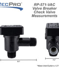 RV Vacuum Breaker Check Valve Protects Fresh Water from Pollutants and Backflow in Your RV Water System, front and side view